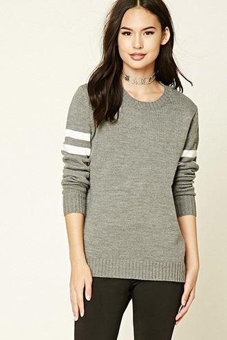 Forever21 Women's  Heather Grey & Cream Varsity Stripe Sweater