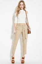 Forever21 Women's  Taupe Belted Linen-blend Pants
