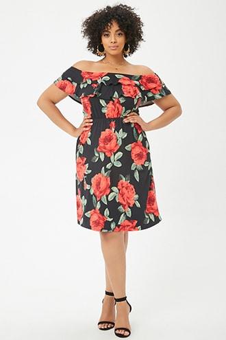 Forever21 Plus Size Rose Print Off-the-shoulder Dress