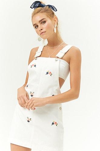 Forever21 Floral Embroidered Denim Overall Dress