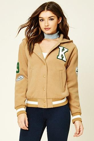 Forever21 Women's Patched Hooded Varsity Jacket