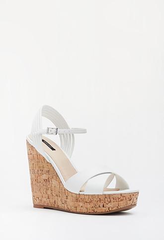 Forever 21 Strappy Cork Wedge Sandals White 10