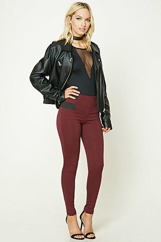 Forever21 Women's  Burgundy Elasticized Panel Leggings