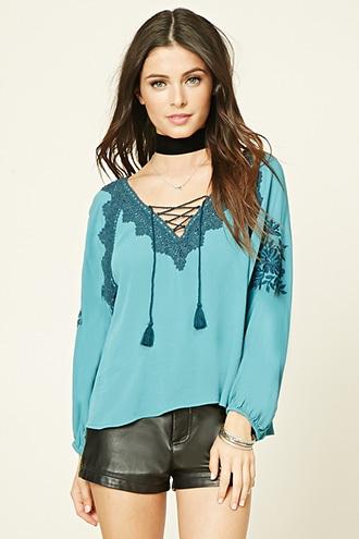 Forever21 Women's  Sage & Teal Embroidered Lace-up Peasant Top