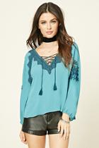 Forever21 Women's  Sage & Teal Embroidered Lace-up Peasant Top