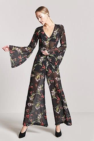 Forever21 Sheer Floral Bell-sleeve Jumpsuit