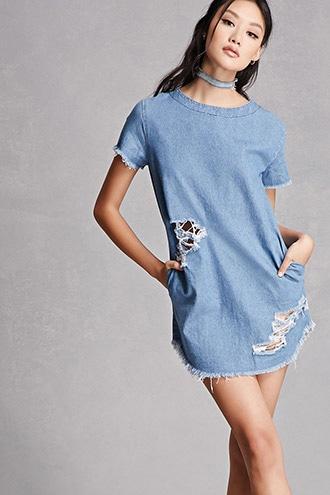 Forever21 Frayed Hem Denim Shift Dress
