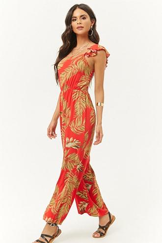 Forever21 Smocked Tropical Leaf Print Jumpsuit
