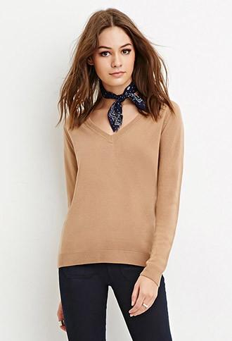 Forever21 Camel Classic V-neck Sweater