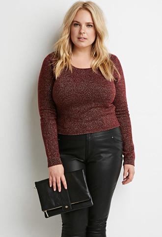 Forever21 Plus Women's  Metallic Knit Crop Top (wine/gold)