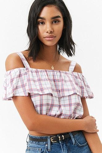 Forever21 Open-shoulder Flounce Plaid Crop Top
