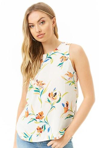 Forever21 Curved-hem Floral Print Top
