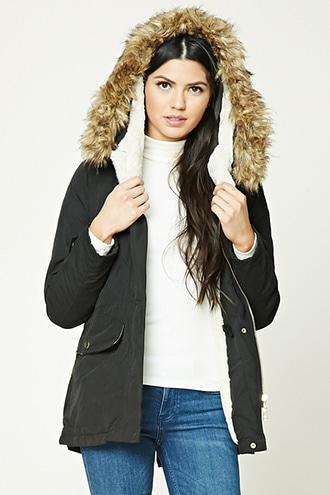 Forever21 Women's  Black Faux Fur Trimmed Parka
