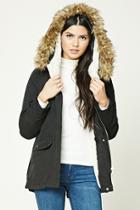 Forever21 Women's  Black Faux Fur Trimmed Parka