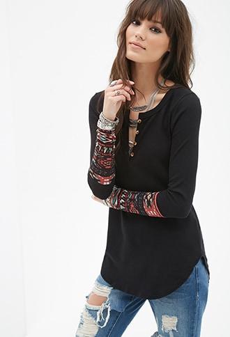 Forever21 Tribal Print-paneled Thermal Henley