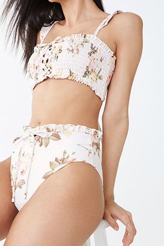 Forever21 P2f Floral Ruffle-trim Drawstring Bikini Bottoms