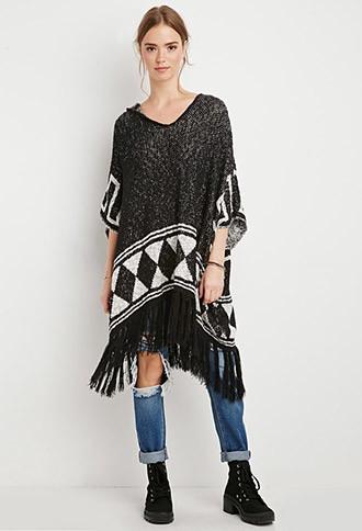 Forever21 Tasseled Geo-stripe Poncho