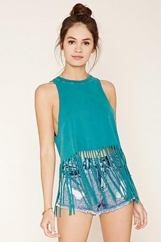 Forever21 Women's  Jade Fringed-hem Top