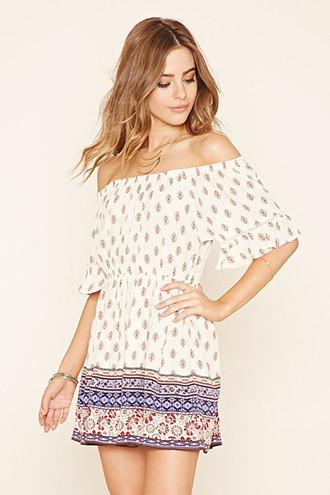 Forever21 Women's  Cream & Purple Ornate Print Dress