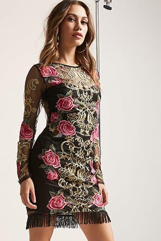 Forever21 Sheer Mesh Floral Embroidered Fringe Dress
