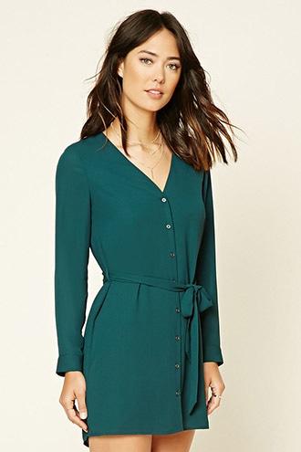 Forever21 Women's  Teal Belted Shirt Dress