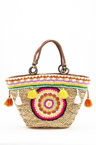 Forever21 Amale Tasseled & Crochet Straw Tote