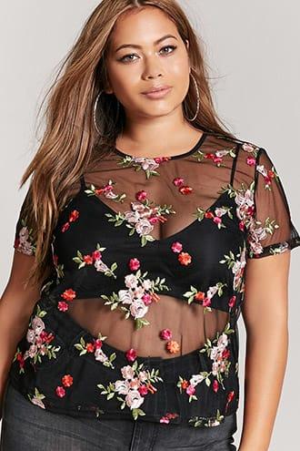 Forever21 Plus Size Sheer Floral Mesh Twofer Top