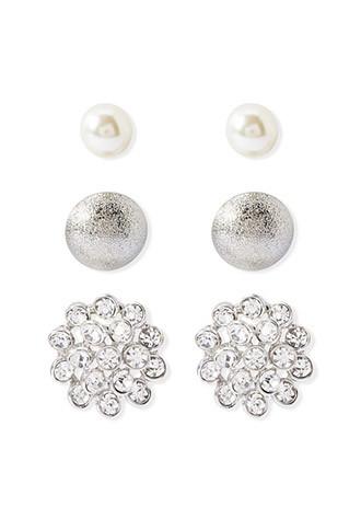 Forever21 Rhinestone Faux Pearl Stud Set (silver/clear)