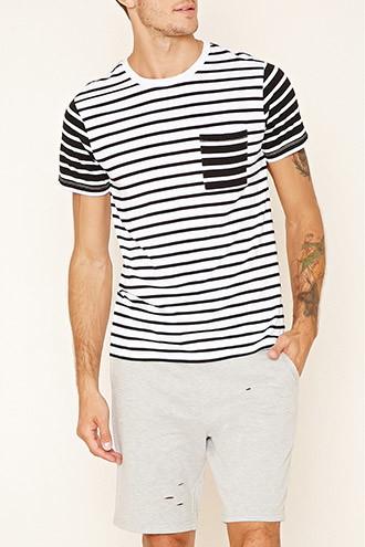 21 Men Men's White & Black Striped Pocket Tee