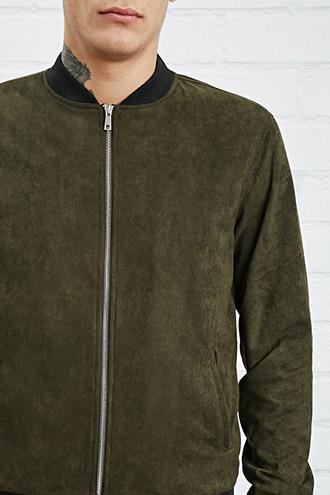 21 Men Men's  Olive Faux Suede Bomber Jacket