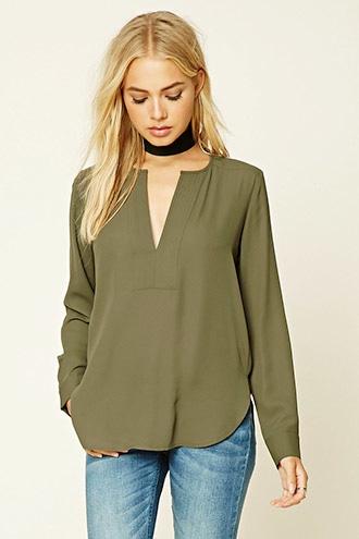 Forever21 Women's  Pleated Split-neck Blouse