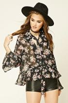 Forever21 Women's  Black & Wine Floral Print Tie-neck Top