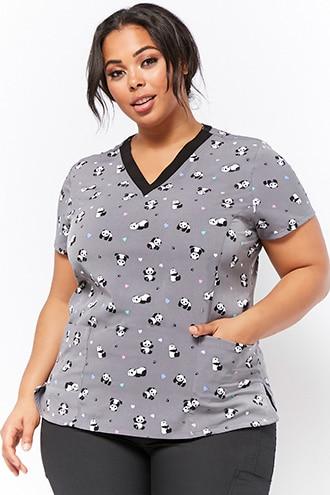 Forever21 Plus Size Panda Patch Pockets Scrub Top