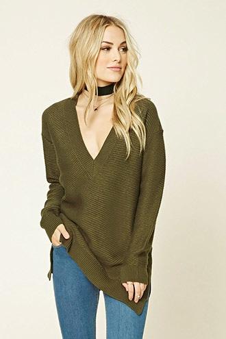 Love21 Women's  Hunter Green Contemporary V-neck Sweater