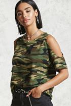 Forever21 Studded Camo Open-shoulder Tee