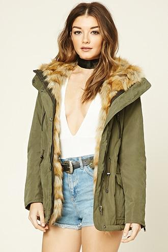 Forever21 Women's  Olive & Natural Faux Fur-lined Parka