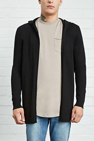 21 Men Men's  Black Hooded Longline Cardigan
