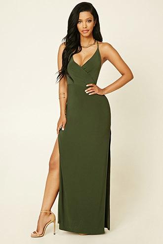Forever21 Women's  Olive Surplice M-slit Maxi Dress