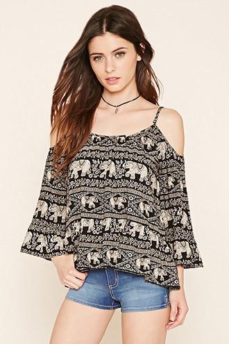 Forever21 Women's  Black & Cream Abstract Open-shoulder Top