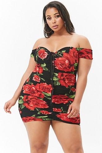 Forever21 Plus Size Sheer Mesh Floral Ruched Mini Dress