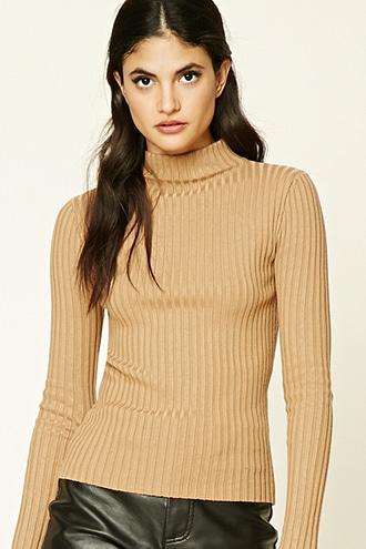 Forever21 Women's  Camel Ribbed Mock Neck Top