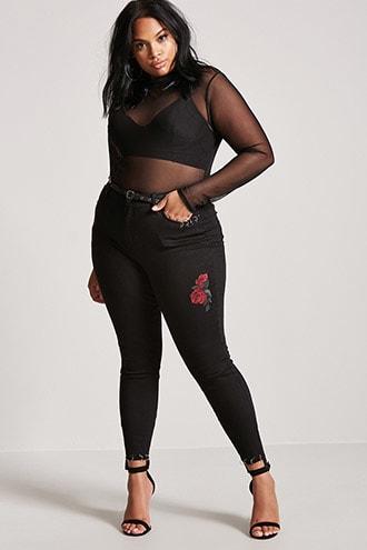 Forever21 Plus Size Floral Step Hem Jeans