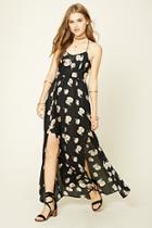 Forever21 Women's  Black & Cream Floral Print M-slit Maxi Dress