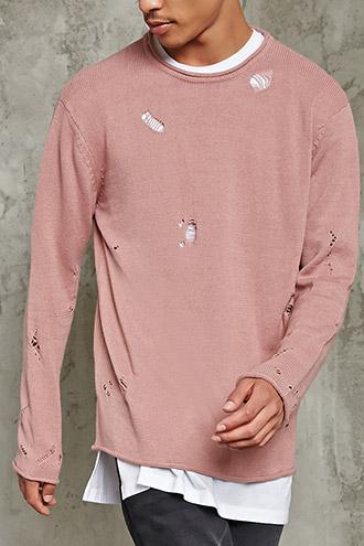 21 Men Men's  Mauve Distressed Raw-cut Sweater