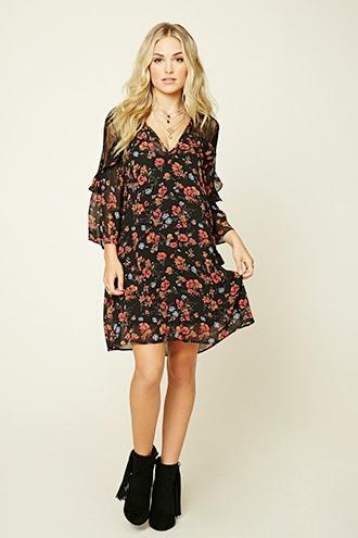 Love21 Women's Black & Red Contemporary Floral Print Dress