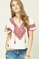 Forever21 Women's  Cream & Red Embroidered Ornate-inspired Top