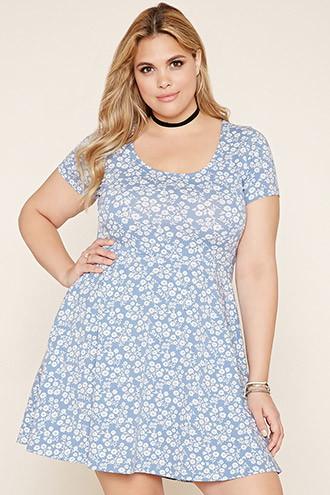 Forever21 Plus Women's Blue & Ivory Plus Size Floral Skater Dress