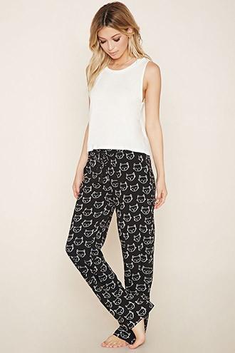 Forever21 Women's  Black & Cream Cat Print Pj Pants
