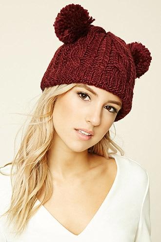 Forever21 Women's Burgundy Pom Pom Ear Beanie