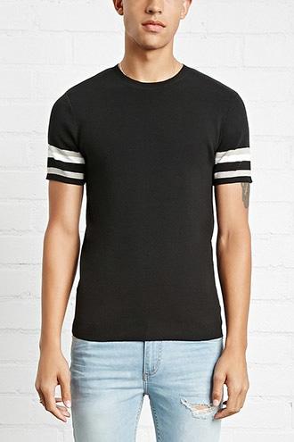 21 Men Men's  Stripe-sleeve Sweater Knit Tee